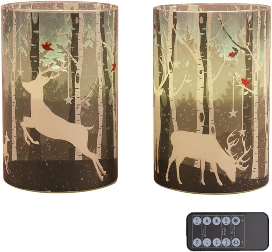 Green Elk Glass Led Candles Set of 2 (D4"x H6") Real Wax Pillar Flameless Candles with Elk in Wood Glass Candle Holder, Votive Flameless LED Candle Battery Operated with Timer for Christmas Gifts