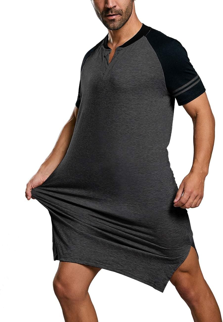 Gafeng Mens Nightshirt Long Sleep Shirts Short Sleeve Nightgown Night Sleepwear Oversized Henley Neck Raglan Nightwear