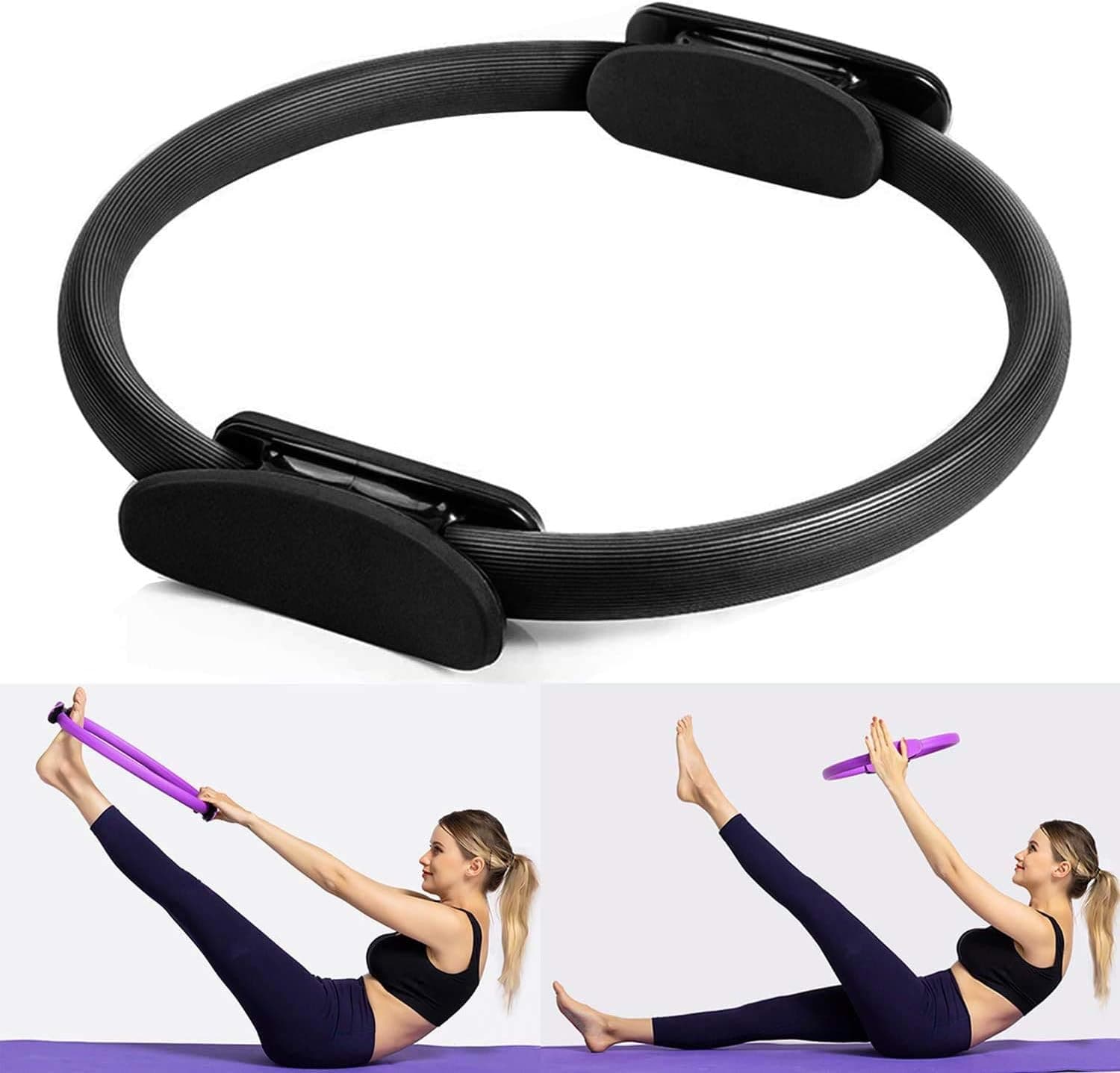 Fitness Pilates Ring for Women - 15inch Diameter Multifunctional Workout Exercise Equipment Yoga Circle & Pelring Exercise Ring & Magic Circle,Made in EVA Material to Prevent Scratches (Black)