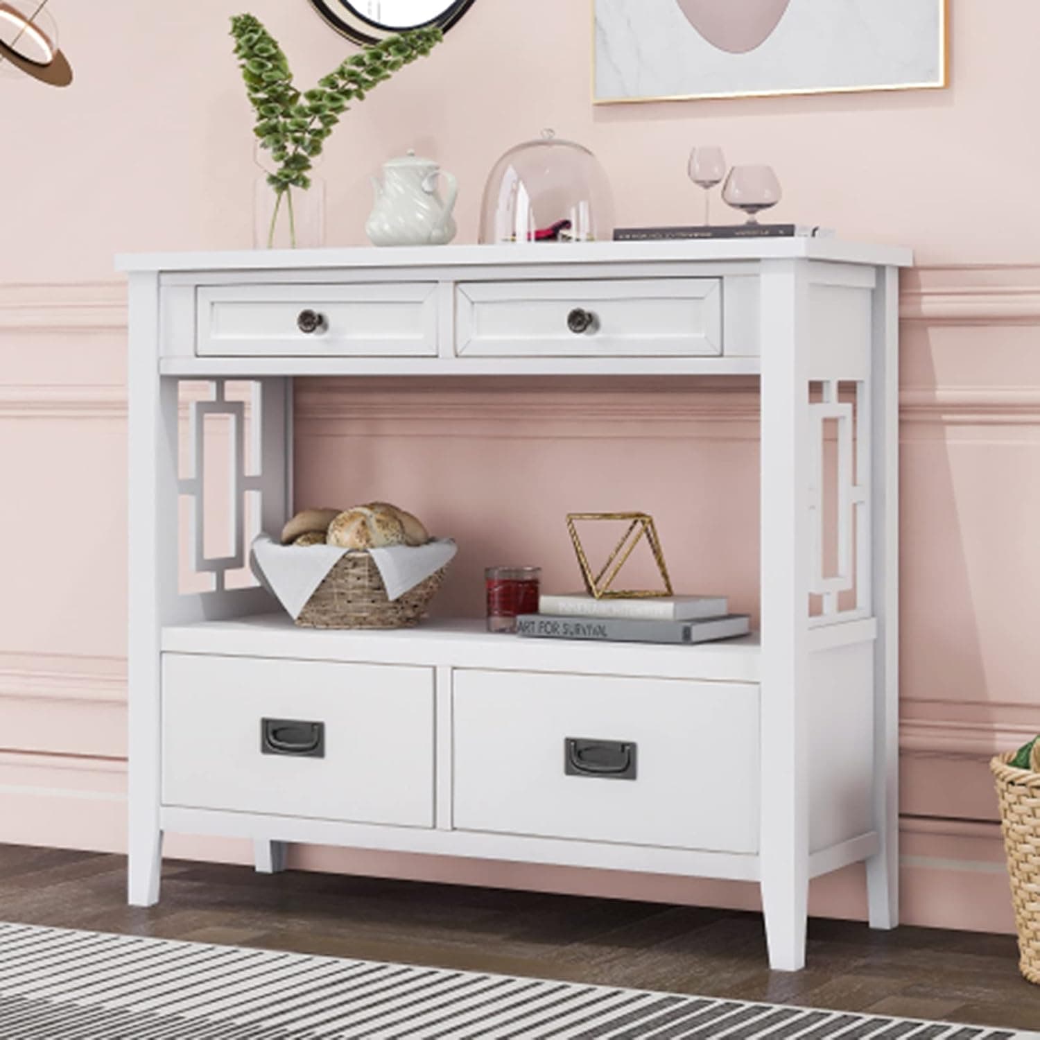 36” Modern Console Table, Wood Entryway Table with 4 Drawers and 1 Shelf, Sofa Table Side Table with Thick Table Top for Living Room, Hallway and Bedroom, Easily Assemble (Retro White)