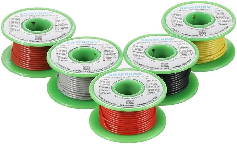 BNTECHGO 20 Gauge Silicone Wire Kit Red Black Yellow Brown and Gray Each 30ft 20 AWG Stranded Tinned Copper Wire