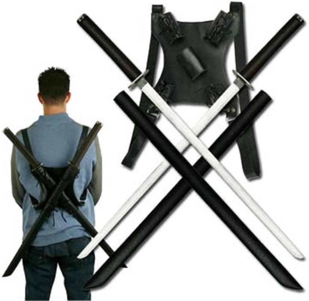 Twin Ninja Katana Sword Swords Set with Double Back Scabbard Harness