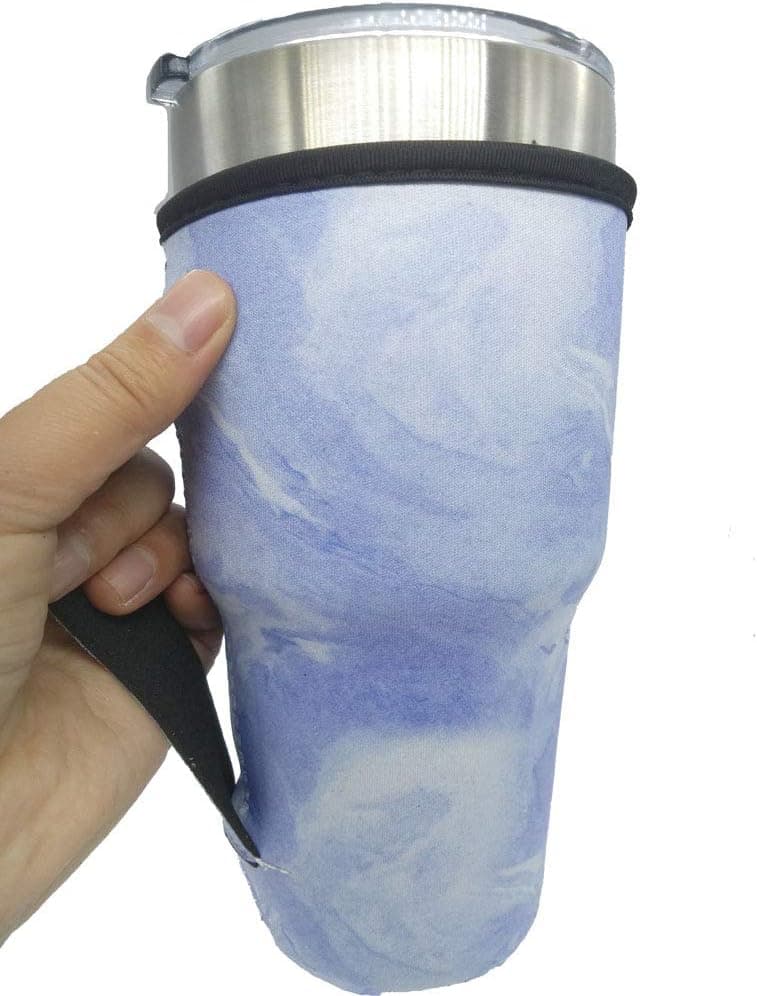 Ranxizy Marble Pattern Washable Iced Coffee Cup Sleeve Neoprene Insulated Sleeves Cup Cover Holder Tumbler Carrier Holder Pouch with Handle (30-32oz),Purple