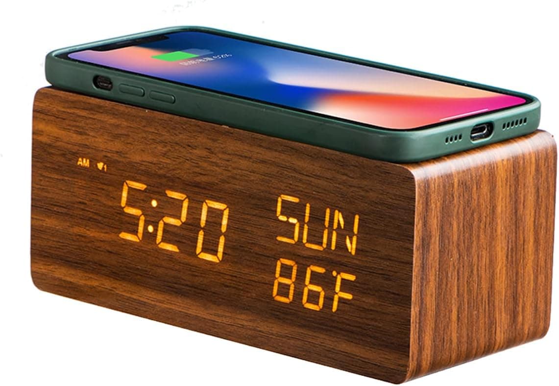 HZDHCLH Digital Desk Clock,Wireless Charging Alarm Clock,Bedside Table Clock with Snooze,Temperature,Dimmable LED Display,USB Charging (Brown)