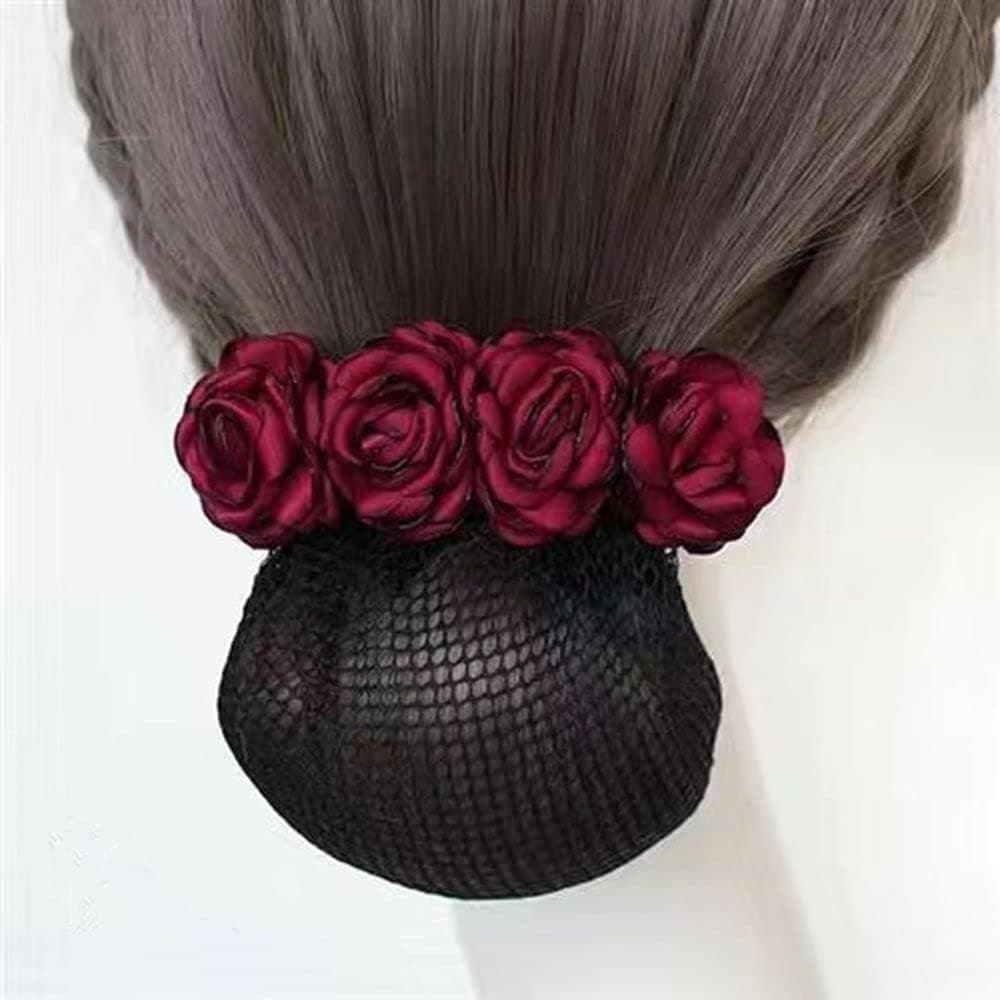 Women Hair Bun Cover Net Snood Hairnet Bow Barrette French Hair Clip Bow Ribbon Flower Hair Accessories for Banks Hotels Staff(fine net,red)