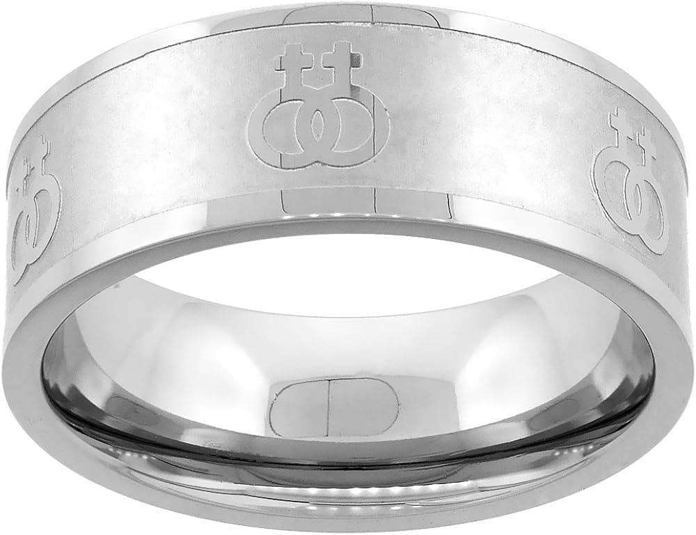 Sabrina Silver Stainless Steel Lesbian Symbols Ring 8mm Wedding Band, Sizes 5-9