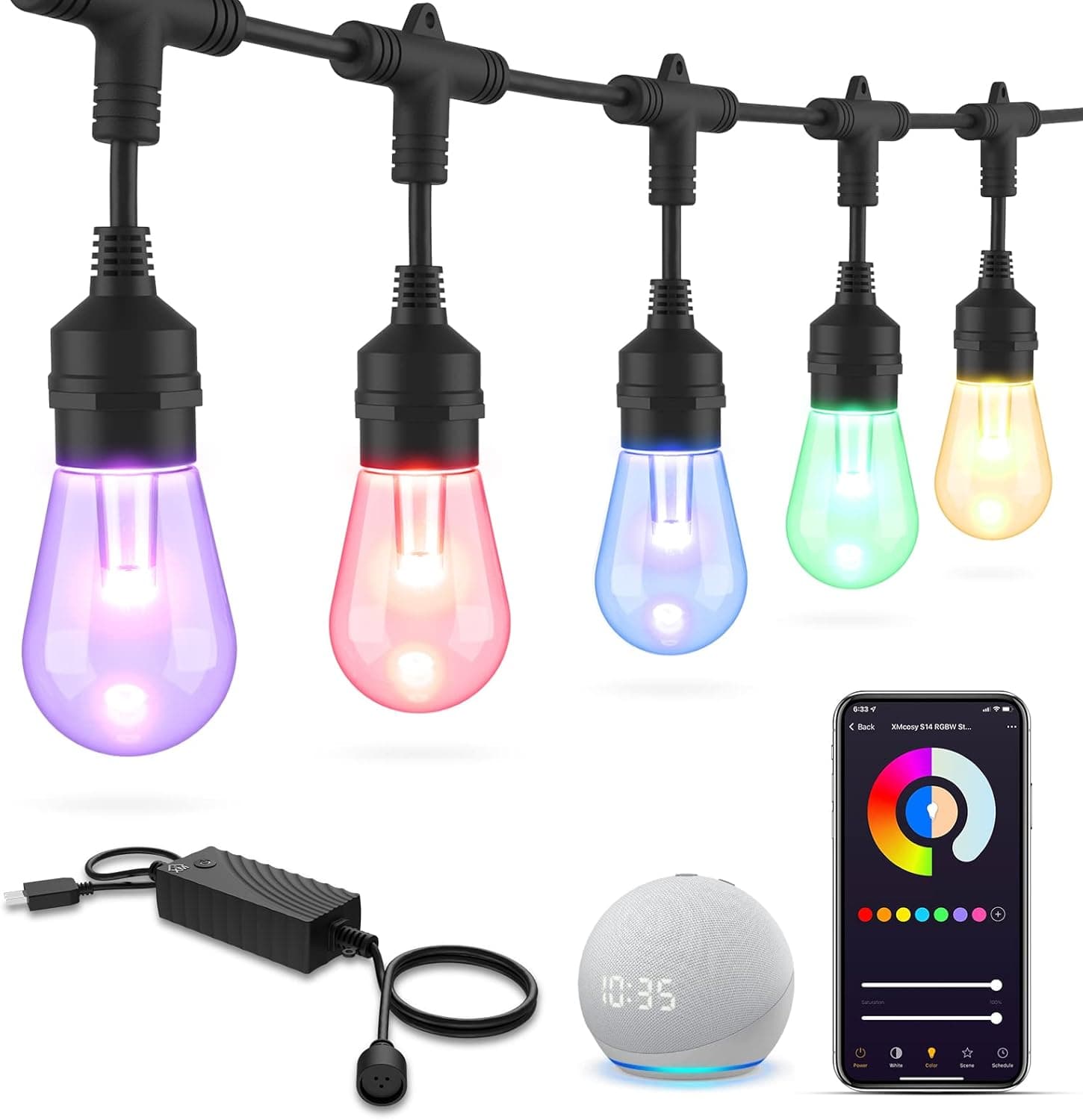 XMCOSY+ Outdoor String Lights Smart, 123Ft RGB Patio Lights, App & WiFi Control, Color Changing LED String Lights with Dimmable 40 LED Bulbs, Compatible with Alexa, IP65 Waterproof