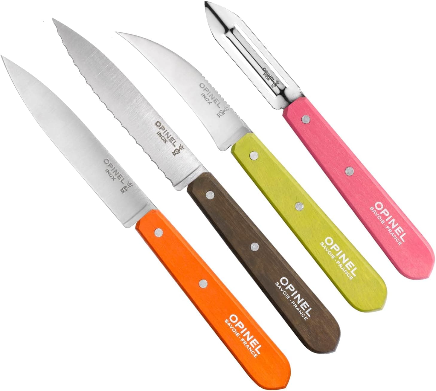 Opinel Les Essentials Small Kitchen 4 Piece Knife Set - Paring Knife, Serrated Knife, Peeler, Vegetable Knife, Corrosion Resistant High Carbon Steel, Made in France (50s)