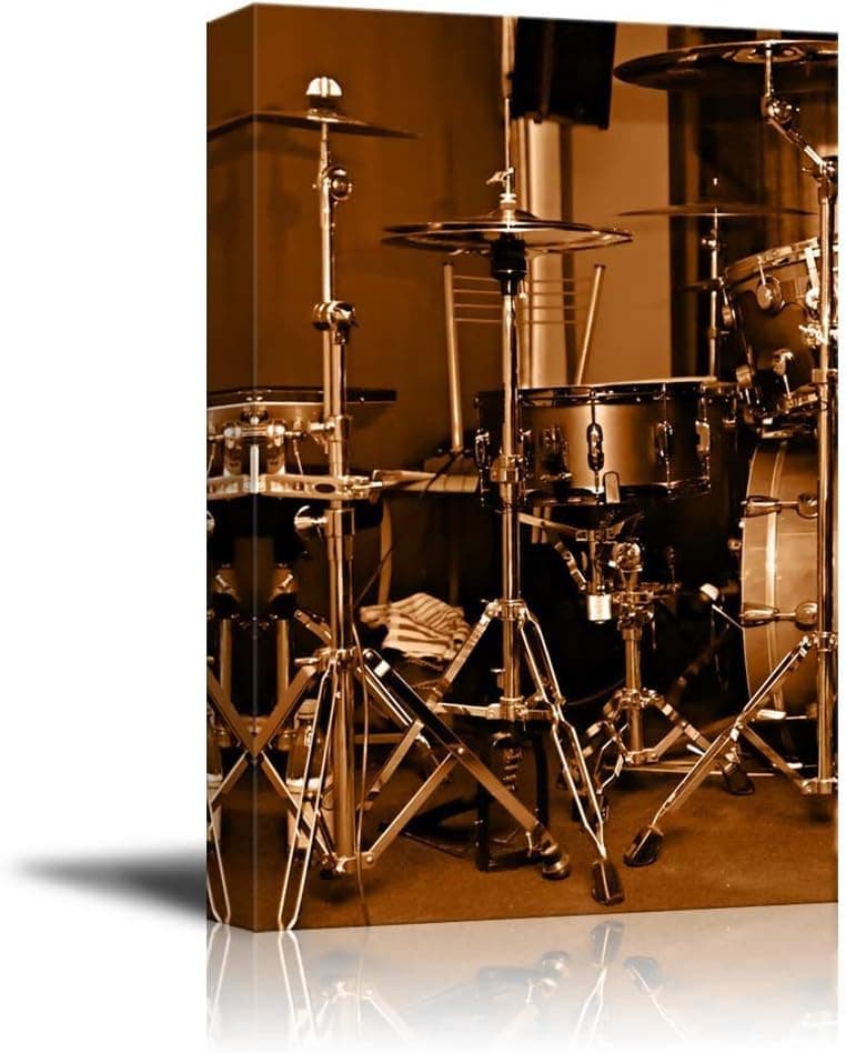 Canvas Prints Wall Art - Drum Kit/Drum Set with Gilded Color Vintage/Retro Style | Modern Wall Decor/Home Decoration Stretched Gallery Canvas Wrap Giclee Print & Ready to Hang - 24" x 16"