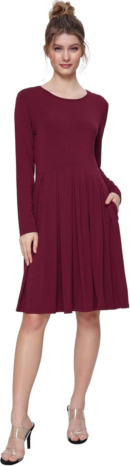 Weintee Women's Casual Dress Pleated Knee Length Dress with Pockets 2X Wine Red