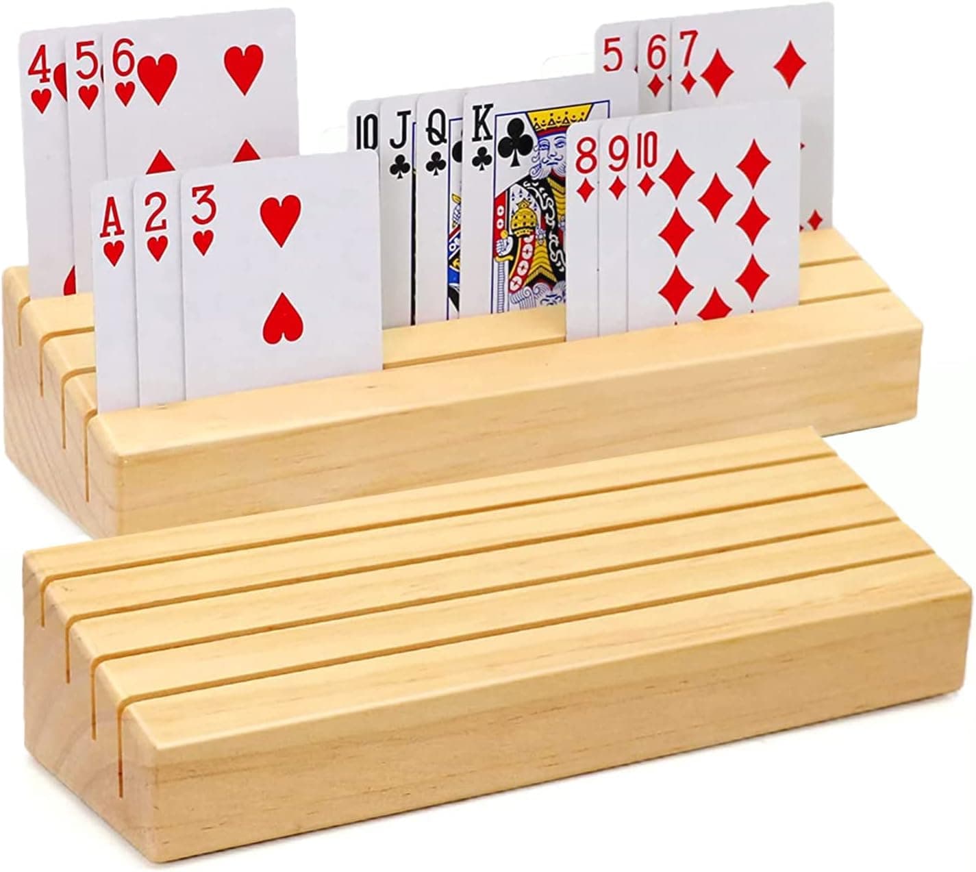 plusvivo Card Holders for Playing Cards Set of 2, Pine Solid Wooden Playing Card Holders for Adults Seniors Kids 9.84 X 3.15 X 2.25 Inch, Uno/Canasta/Bridge/Hand and Foot Card Holder
