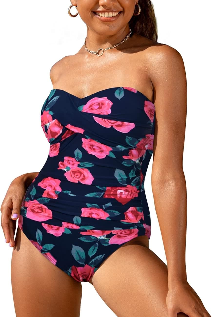 Hilor Women's Bandeau One Piece Swimsuits Front Twist Swimwear Strapless Ruched Bathing Suits Tummy Control