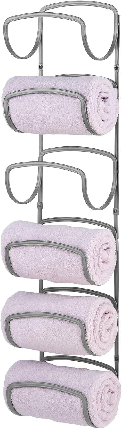 mDesign Steel Towel Holder for Bathroom Wall - Wall Mounted Organizer for Rolled Bath Towels - Six Level Wall Mount Towel Storage Rack - Bathroom Towel Organizer - Hyde Collection - Graphite Gray