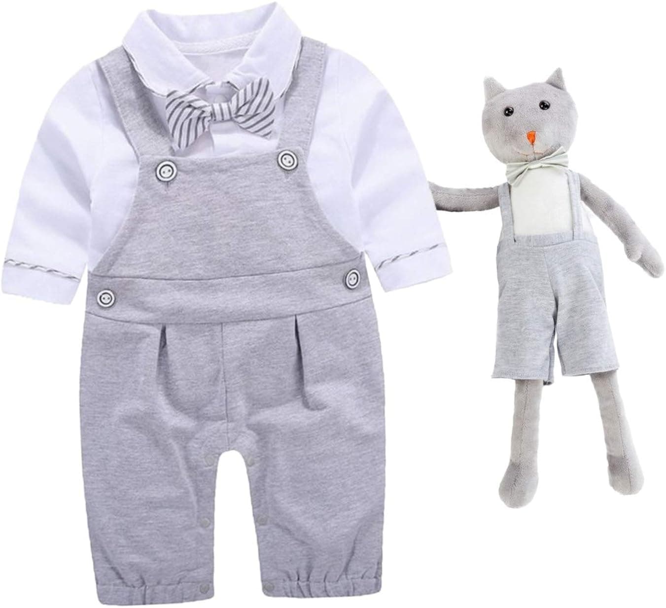 Baby Brielle 2-Piece Tuxedo with Overalls and Bowtie with Matching Plush Toy for Boys