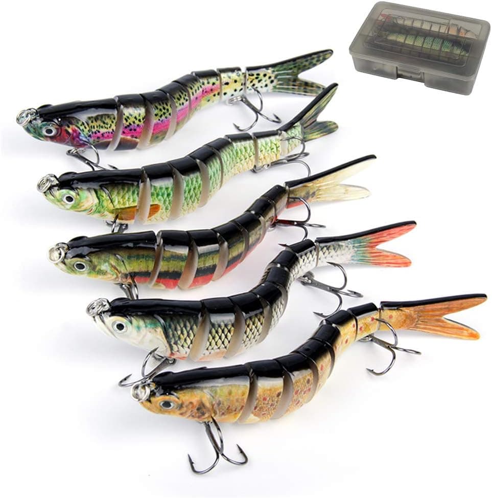 Oak-Pine Multi Jointed Fishing Lure Set - 7 Bait with Box / 4.33’’ Vivid Swimbaits Slow Sinking Hard Lures Hook/Walleye Fish Tackle Bait for Freshwater Saltwater Bass Carp Pike, etc B