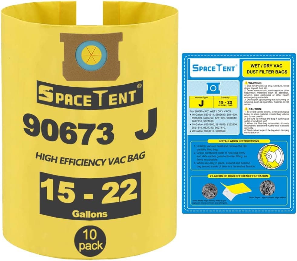 SpaceTent 10 Pack Shop Vac 90673 Filter Bags compatible with Shop Vac 15-22 Gallon Wet/Dry Vacs, part # 90673 9067300, Type J High Efficiency Filter Bags