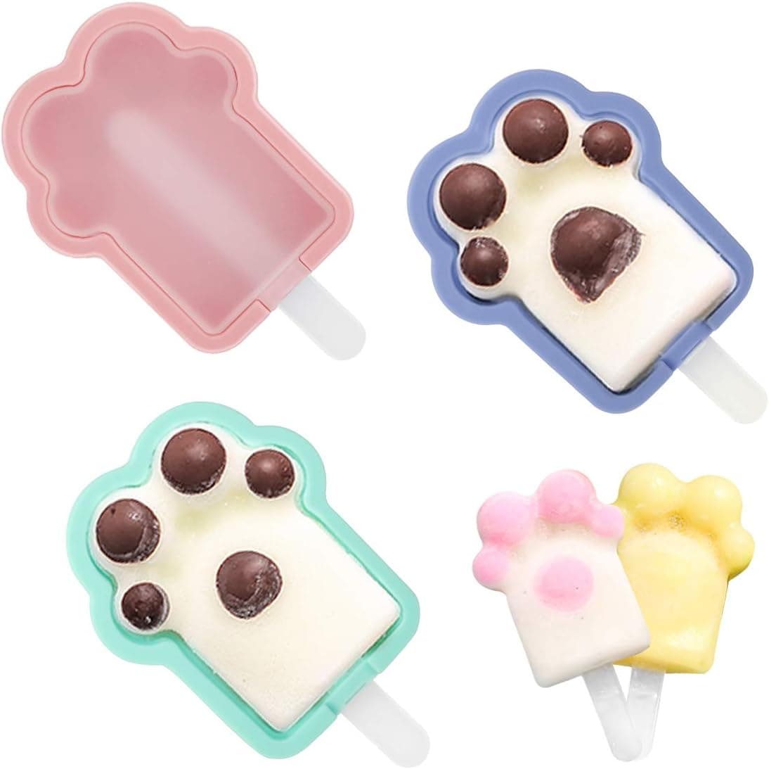 Housolution Ice Pop Maker, 3 Pieces Food-Grade BPA-free Silicone Ice Popsicle Makers Trays Cat Claw Shape with Sticks, Reusable Easy-Release Family DIY Ice Cream Ice Cube Makers - Pink+Blue+Green