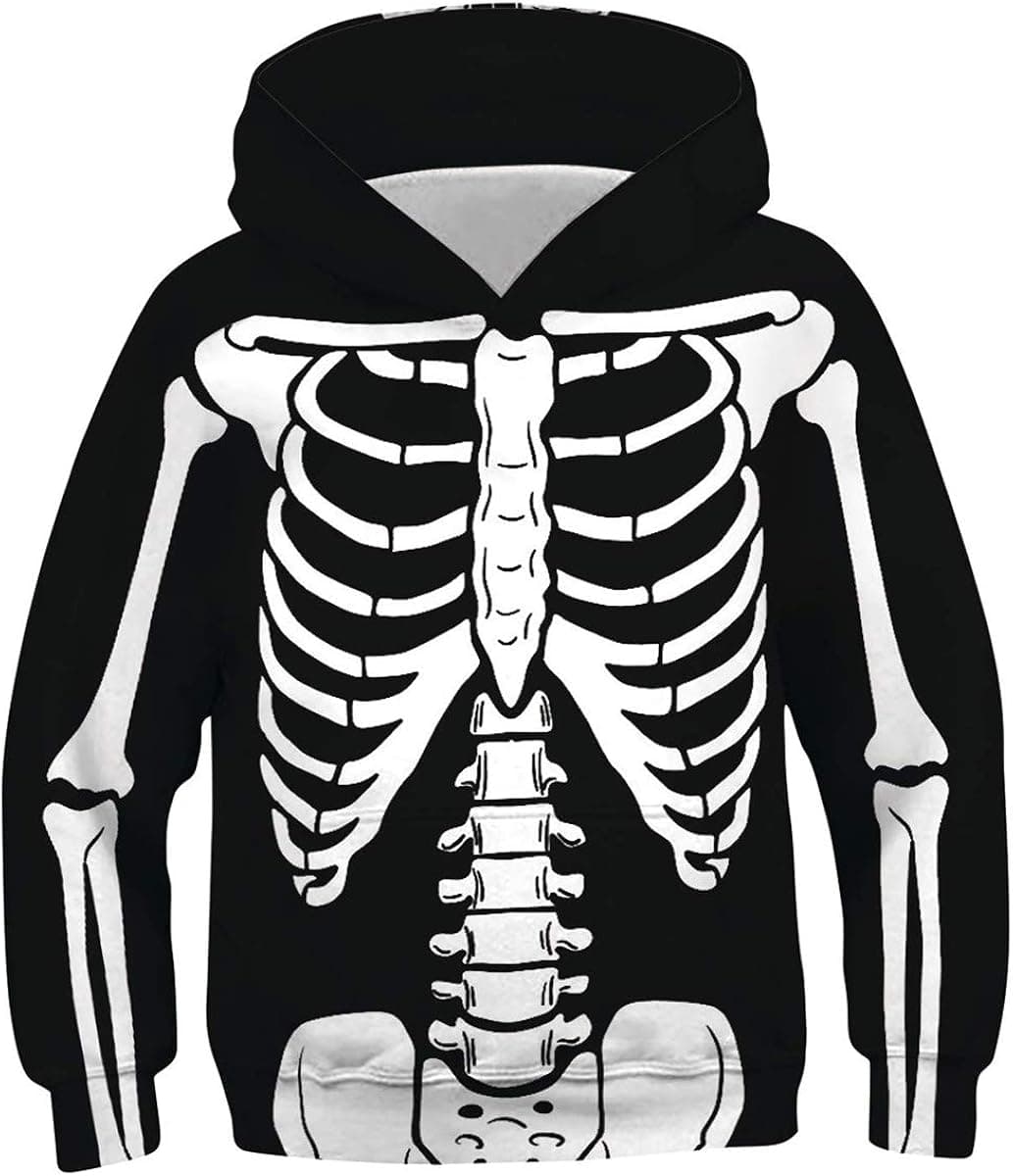AIDEAONE Boys Girls Halloween Hoodies 3D Realistic Skeleton Pullover Hooded Sweatshirt Size 6-7
