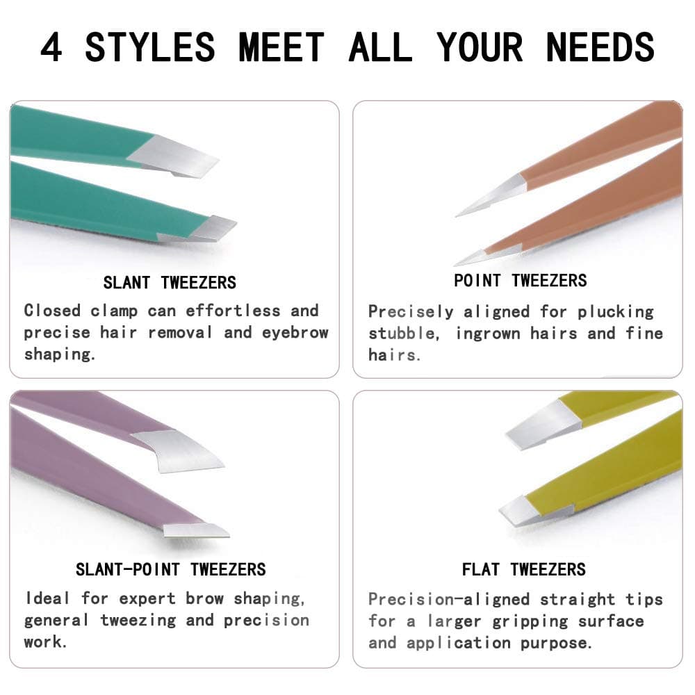 Tweezers Set 4-PACK, Precision Stainless Steel Eyebrow Tweezers Slant Tip and Pointed Tweezers for Eyebrows Ingrown Hair Facial Hair Splinter Blackhead and Tick Remover for Women & Men (CL35) (CL30)