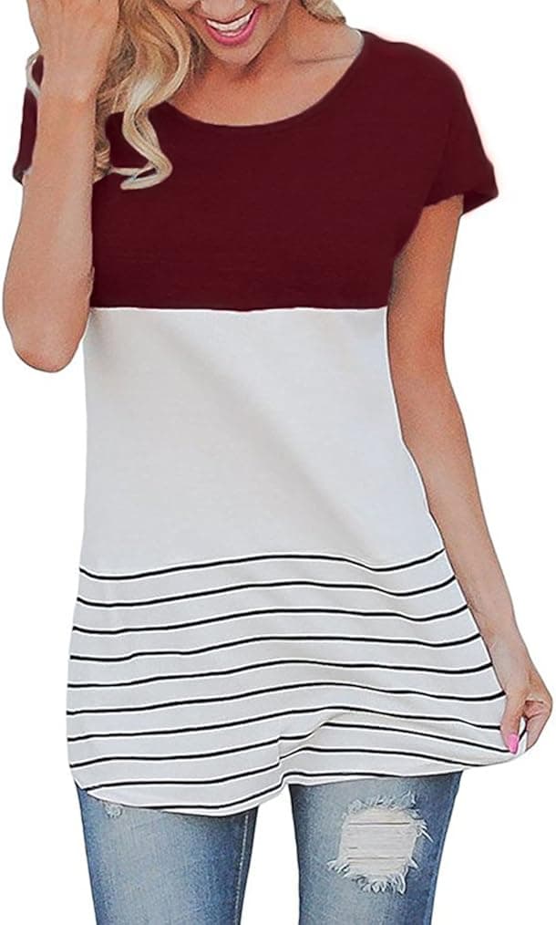 Sherosa Womens Tunic Dress Color Block Crewneck Patchwork Short Sleeve Comfy Loose Fit Tee Tops (L, Wine Red1)