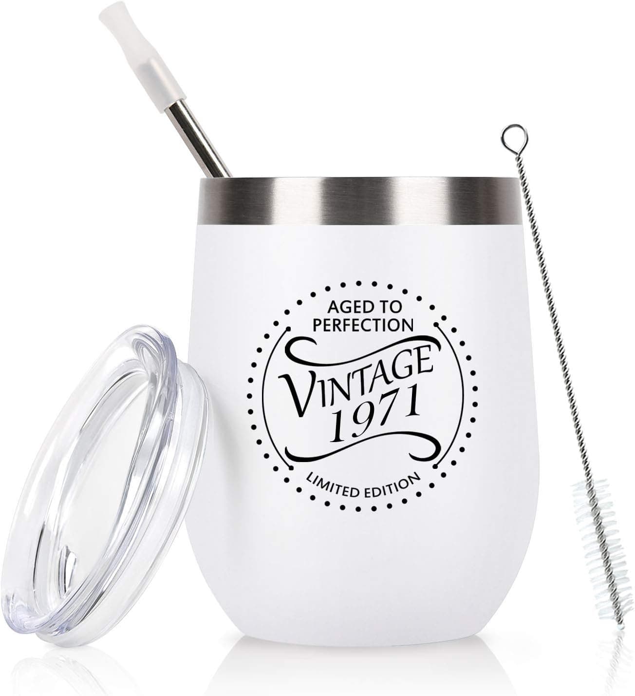 1971 50th Birthday Gifts for Women Vintage 1971 50 Year Old Presents for Women Wine Tumbler, 12 Oz Insulated Stainless Steel Wine Tumbler with Lid for Party Anniversary Reunion Decorations, White