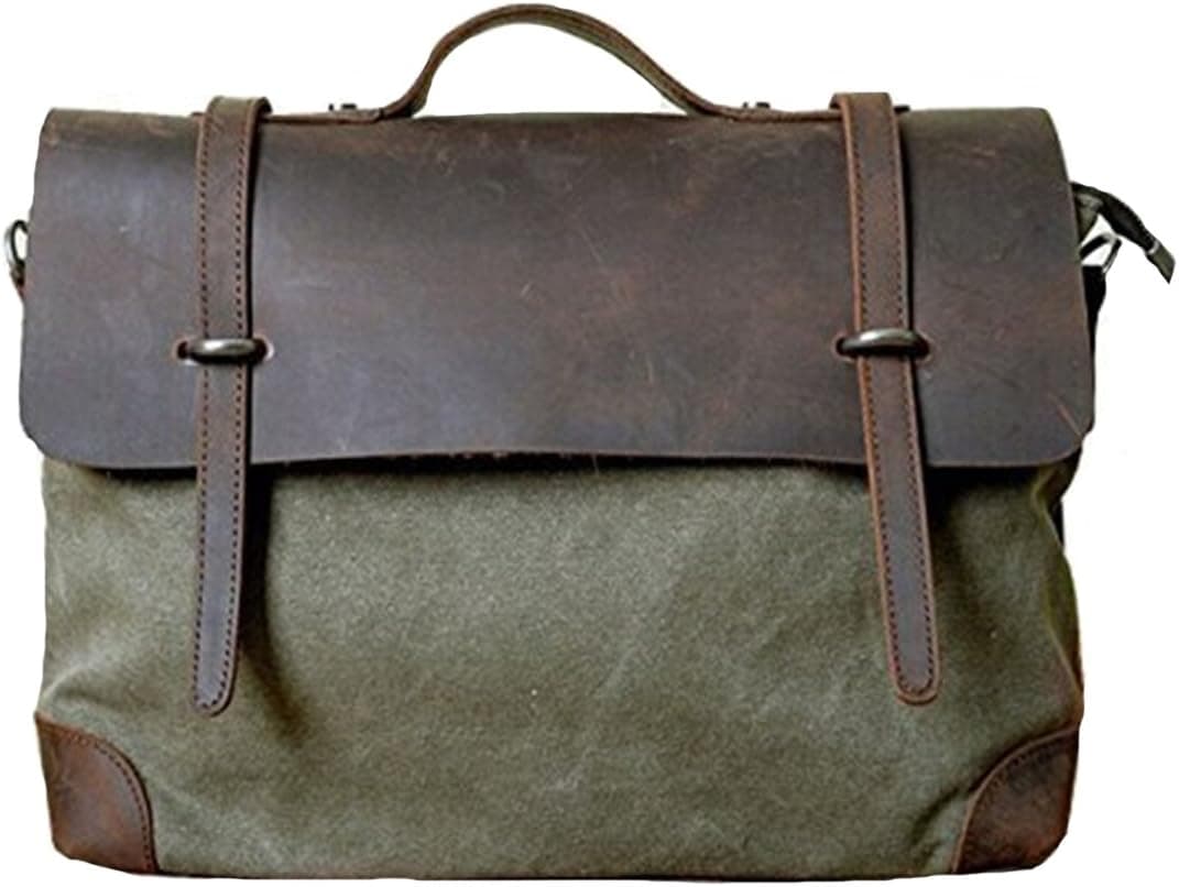 Violet Mist Vintage Canvas Messenger Bag Briefcase For 15.6" Laptop Full Grain Leather Trim (Army Green)