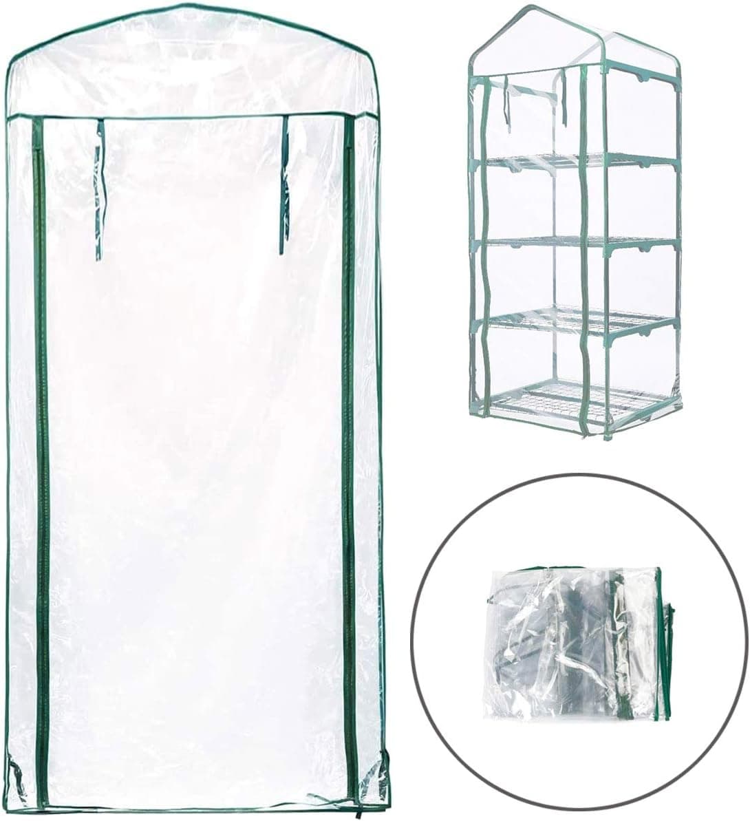 SUJIUJIU 4 Tier Greenhouse Replacement Cover, PVC Plant Greenhouse Cover for Gardening Flower with Roll-Up Zipper Door, Size 21x14x59 Inch (Frame not Include)