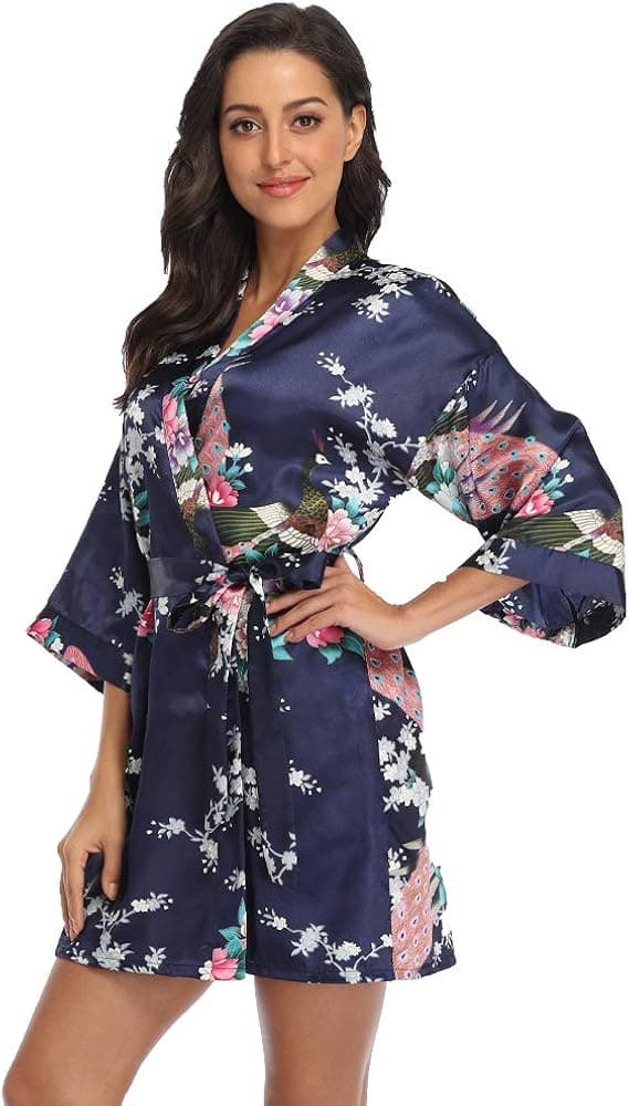 CostumeDeals Women's Short Kimono Robe Floral Bathrobe Wedding Bridesmaids Robes Satin Dressing Gown