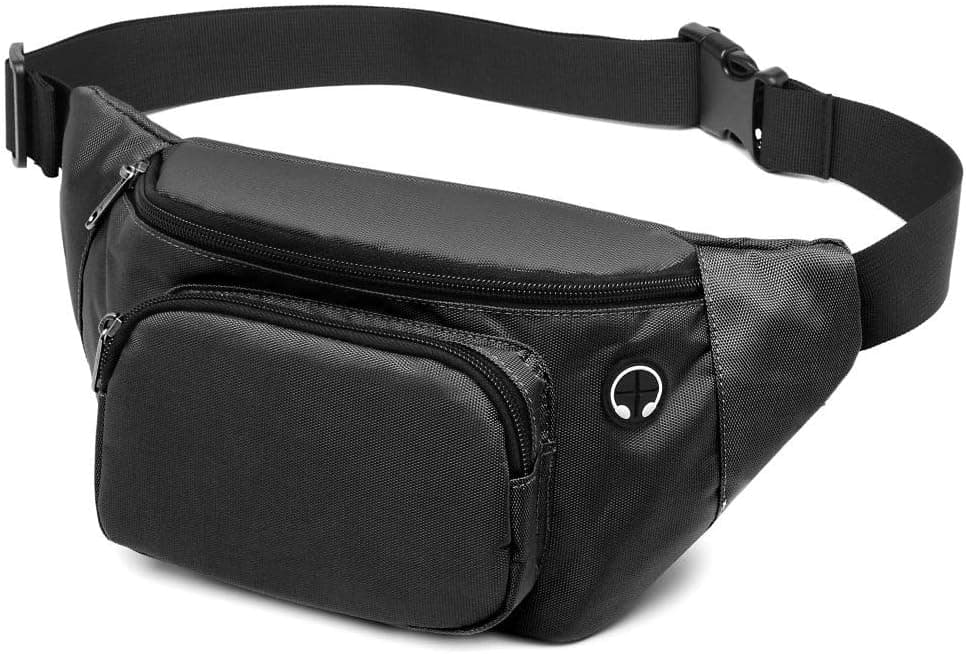 F-color Fanny Pack, Waterproof Fanny Pack for Women Men with Adjustable Belt Large Capacity Waist Pack with Headphone Jack and Key Chain Hip Bum Bag for Outdoors Workout Travel Sport, Black