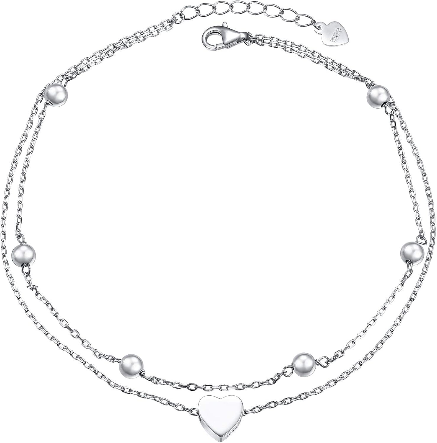 Flyow Anklet for Women S925 Sterling Silver Adjustable Foot Beaded Heart Charm Ankle Bracelet Anklets Jewelry
