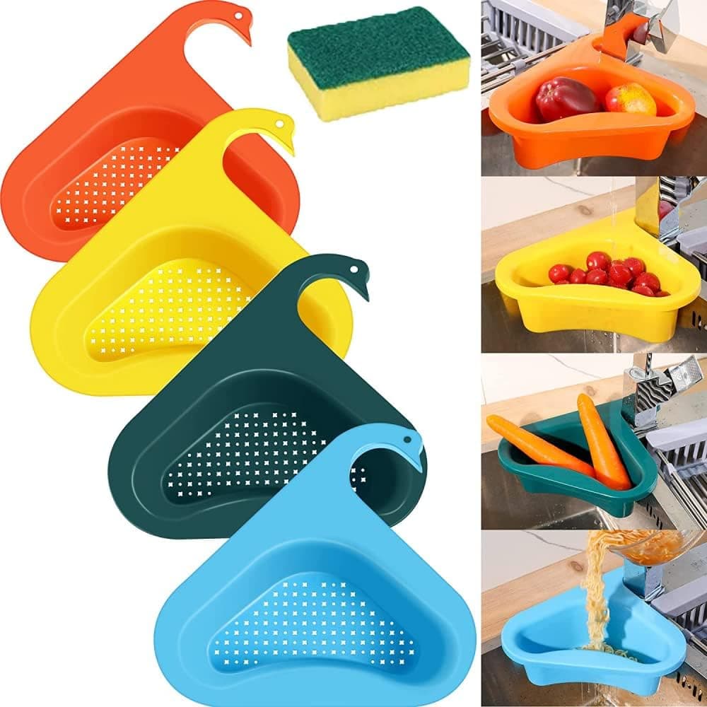 4pcs Swan Sink Drain Basket for Kitchen Sink, Punch-Free Sink Drain Strainer Basket, Multifunctional Thickened Kitchen Triangular Sink Storage Filter with 1 Reusable Sponge, Fits All Sinks (Large)