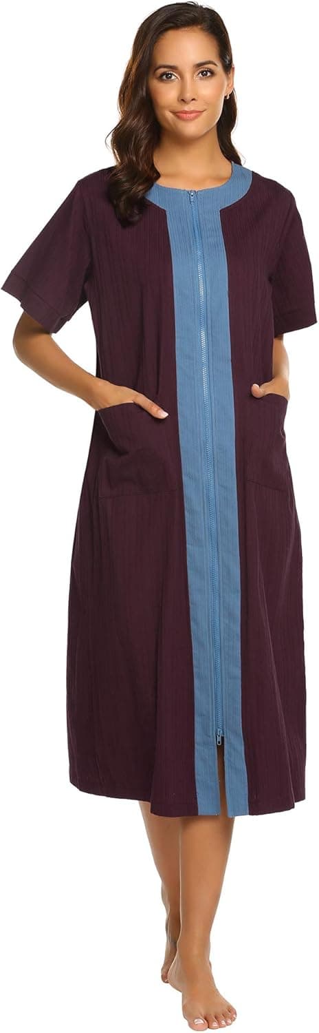 Ekouaer Long Robes for Women Zipper Front O-Neck Nightshirt Short Sleeve Sleep Shirt with Pockets
