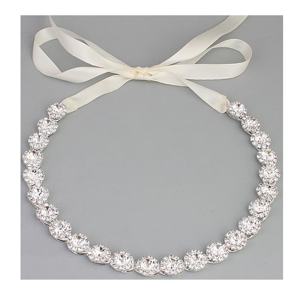 Bridal Headbands for Wedding Women Rhinestone Headdress with Ribbon Silver