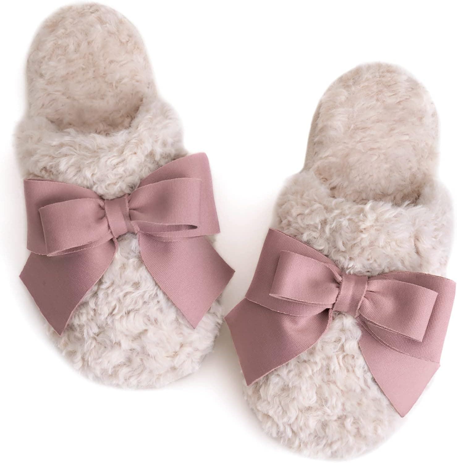 ULTRAIDEAS Women's Fuzzy Slippers with Bow and Memory Foam, Ladies Cute Slip-on House Slippers for Indoor Use