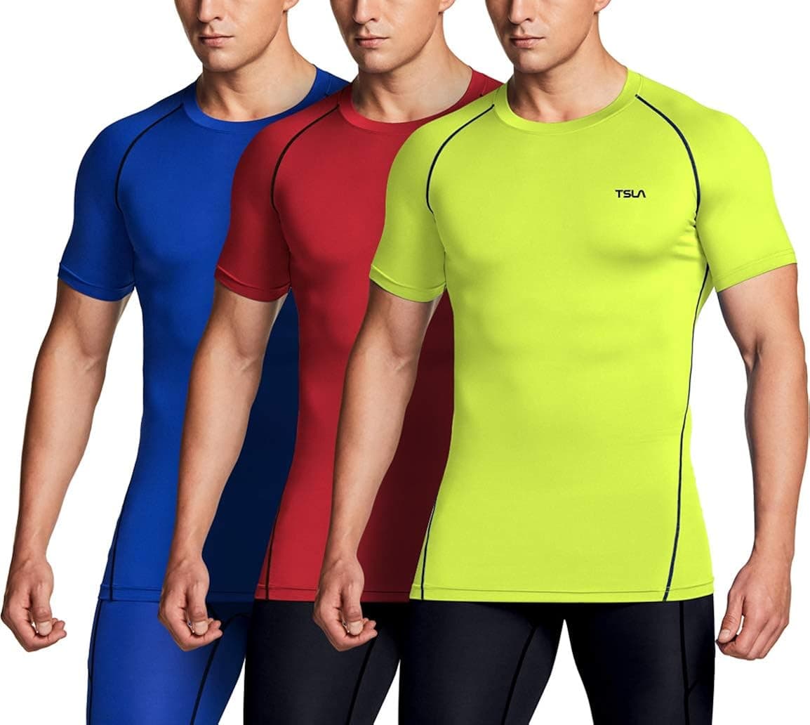 TSLA 1 or 3 Pack Men's UPF 50+ Quick Dry Short Sleeve Compression Shirts, Athletic Workout Shirt, Water Sports Rash Guard