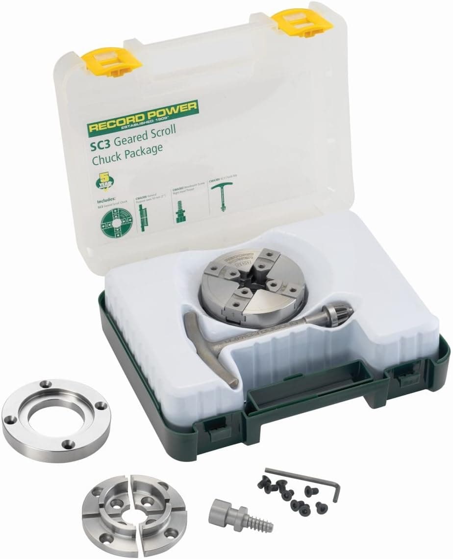 Record Power SC3 61003 Woodlathe Chuck Kit 1" x 8tpi Direct Thread with Bonus 62572 2" Faceplate Ring