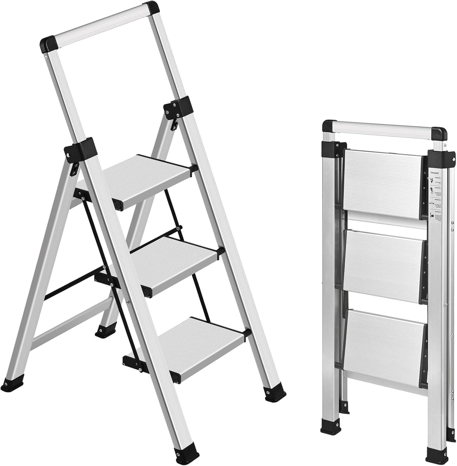 XinSunho 3 Step Ladder, Retractable Handgrip Folding Step Stool with Anti-Slip Wide Pedal, Aluminum Stool Ladders 3 Steps, 330lbs Safety Household Ladder