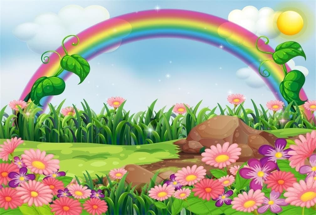 AOFOTO 7x5ft Cartoon Spring Landscape Background Abstract Rainbow Meadow Blossom Flowers Photography Backdrop Sweet Florets Sky Clouds Sunlight Rural Summer Scenery Photo Studio Props Baby Wallpaper