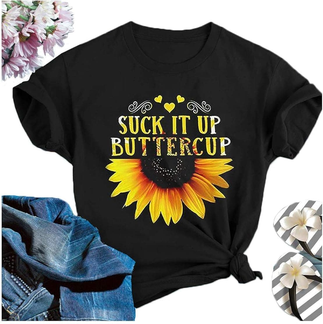 LORSU Womens Sunflower Suck It Up Buttercup T Shirt Funny Floral Graphic Tees Cute Vintage Summer Shirts Tunic Tops Black XL