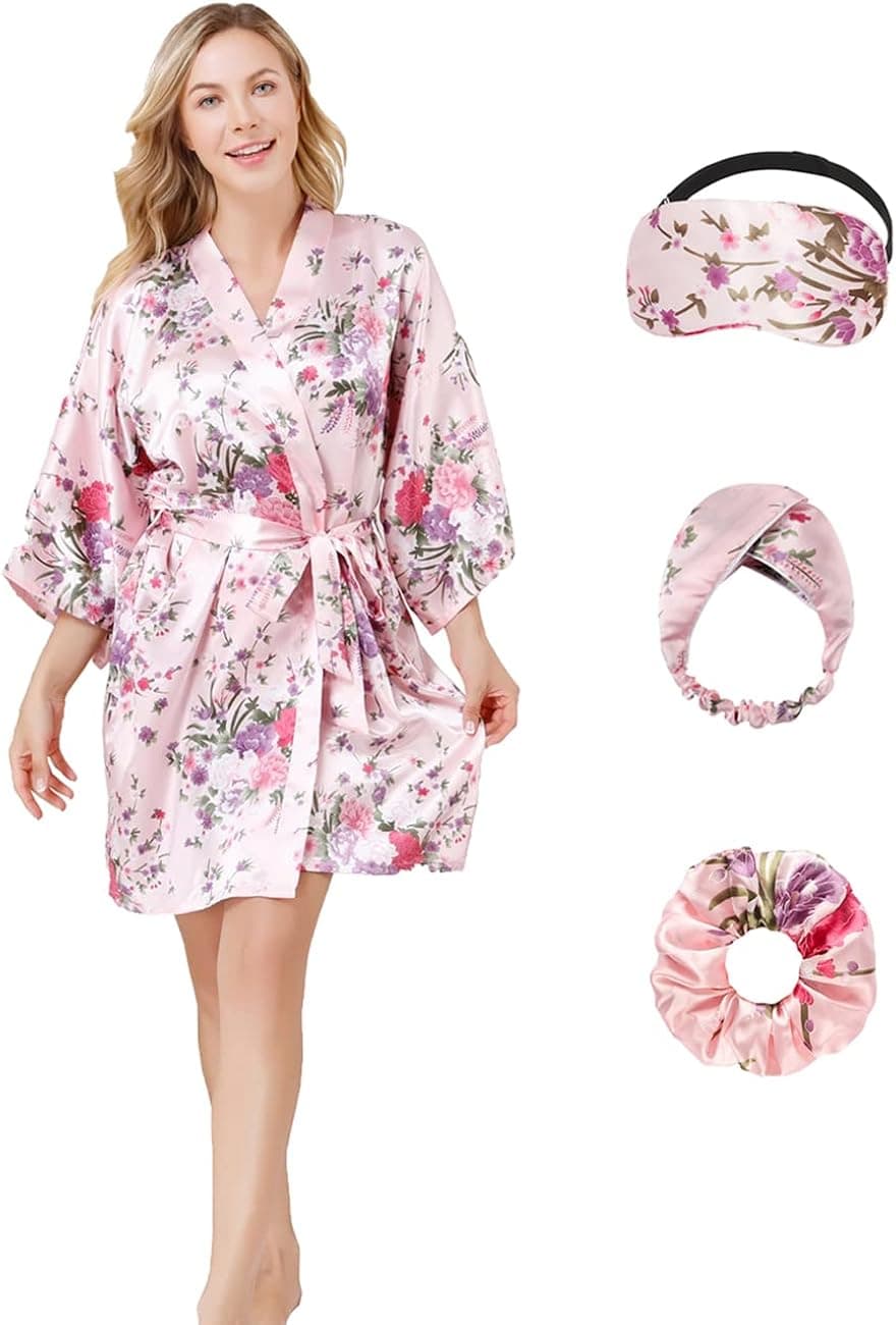 MEEYI Satin Robes for Women Bridesmaid Bride Wedding Party with Blindfold Hair Bands Elastic Hair Scrunches