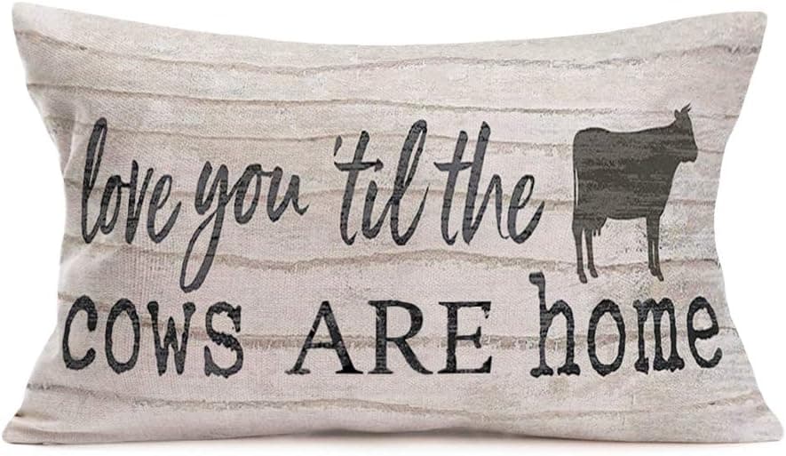 Doitely Love You 'Til The Cows are Home Throw Pillow Covers Cushion Case for Sofa Couch Vintage Wood Grain Background with Words Farmhouse Home Decor Cotton Linen 12" x 20"