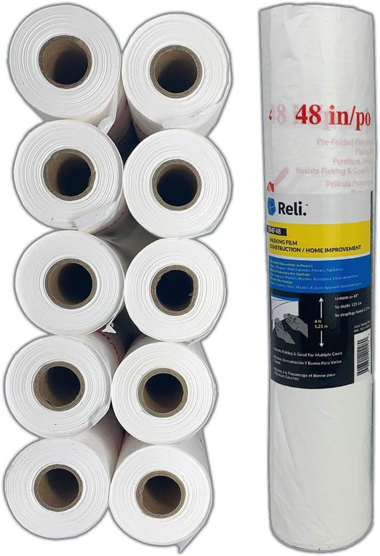 Reli. Masking Film, 10 Rolls Bulk (180' Foot x 48" Inch) - Masking Plastic Film for Painting, Automotive - Pre-Folded - Hand-Masker Film Plastic in Bulk (10 Pack)