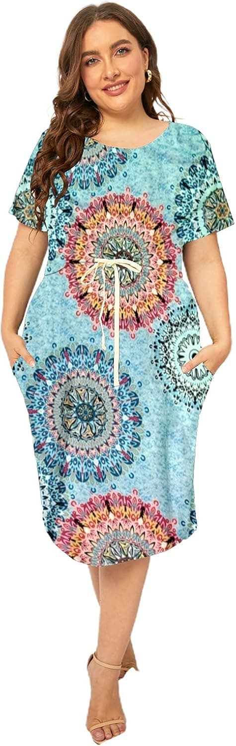 AYIGAR Women's Plus Size Summer Dresses Short Sleeve Casual Belted Bodycon Maxi Dress