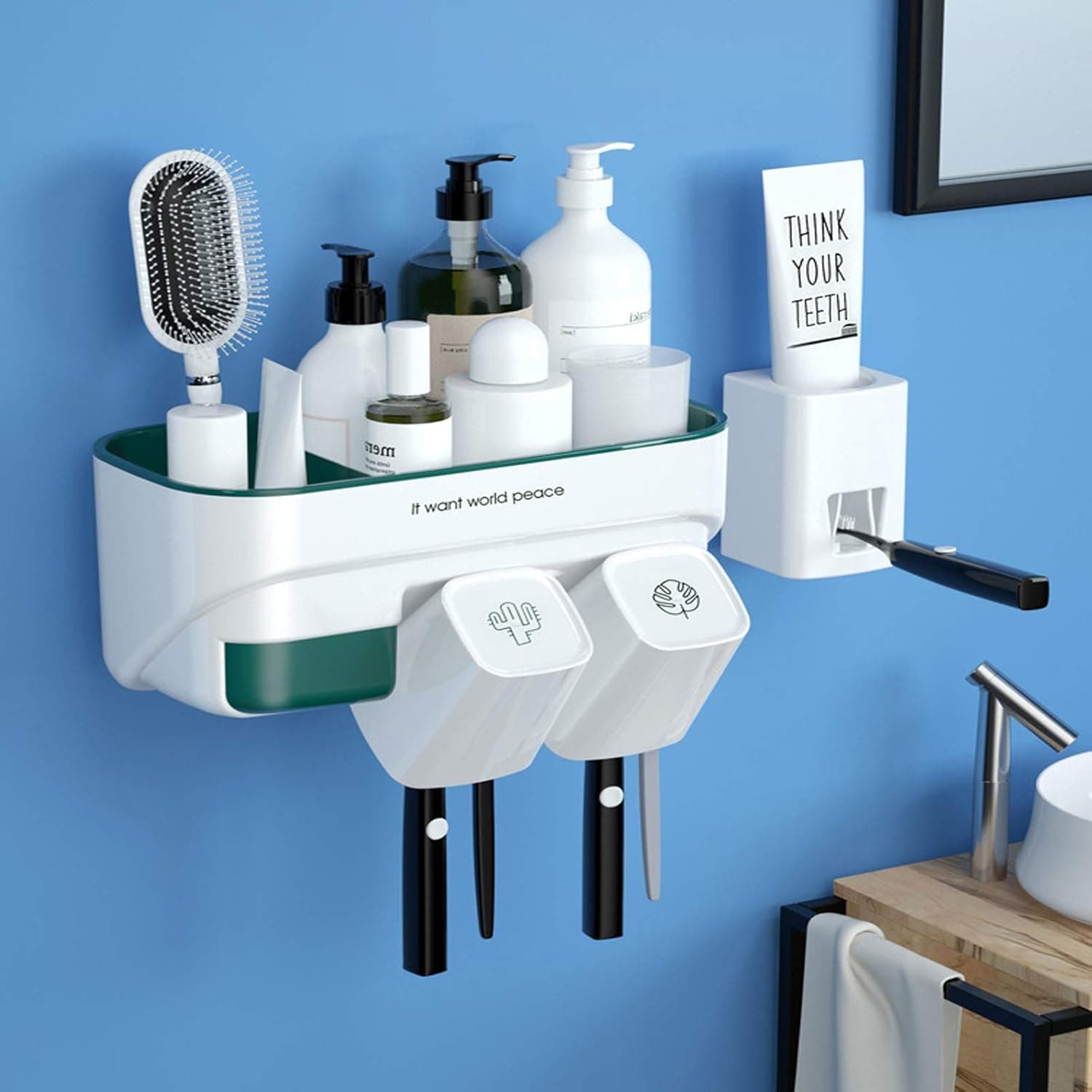 U-Chain Toothbrush Holder Wall Mounted-Multifunctional Space Saving Tooth Brush Holder for Bathroom with Toothpaste Dispenser,4Toothbrush Slot and 2Cups,2-Layer Super Large Storage Space