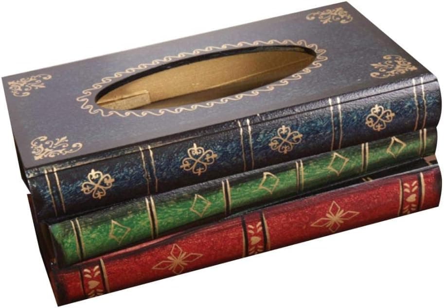 Tissue Box Cover, Elegant Wooden Antique Book Tissue Holder Dispenser Square Tissue Holder Rectangular Tissue Box Cover Wood Tissue Box (Blue)