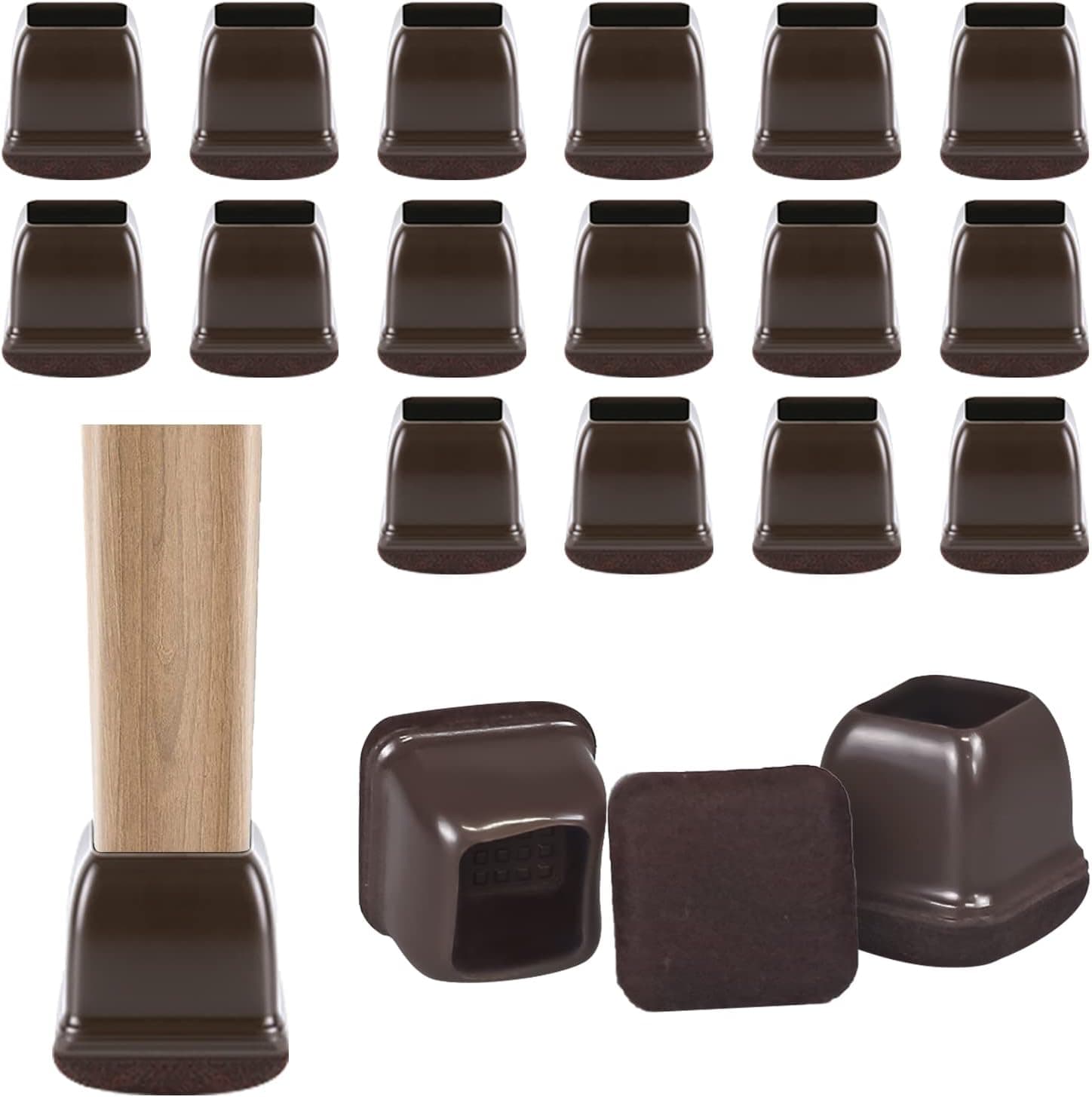Silicone Chair Leg Floor Protector - 16pcs Brown Rubber Chair Leg Caps Protect Hardwood Floors, Felt Bottom Soft Furniture Leg Cover Pad for Protecting Floors from Scratches and Noise (Square, Small)