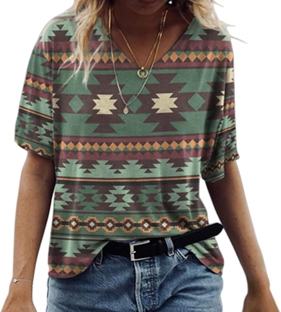 Janepam Women T-Shirt Short Sleeve Graphic Tee Aztec Boho Marble Paisley Floral Flag Dolphin Pattern V-Neck Loose Casual Top