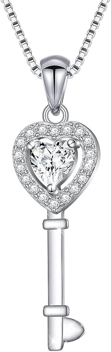 DAOCHONG Sterling Silver Round Heart CZ Key Pendant Necklace for Women Girlfriend Lover Christmas