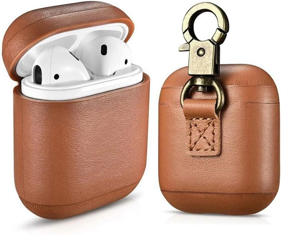 Amoysanli Leather AirPods Case, 2019 Newest Full Protective Skin Cover Accessories Kits Compatible Airpods 1&2 Charging Case with Keychain (Front LED Not Visible) (Support Wireless Charging) (Brown)