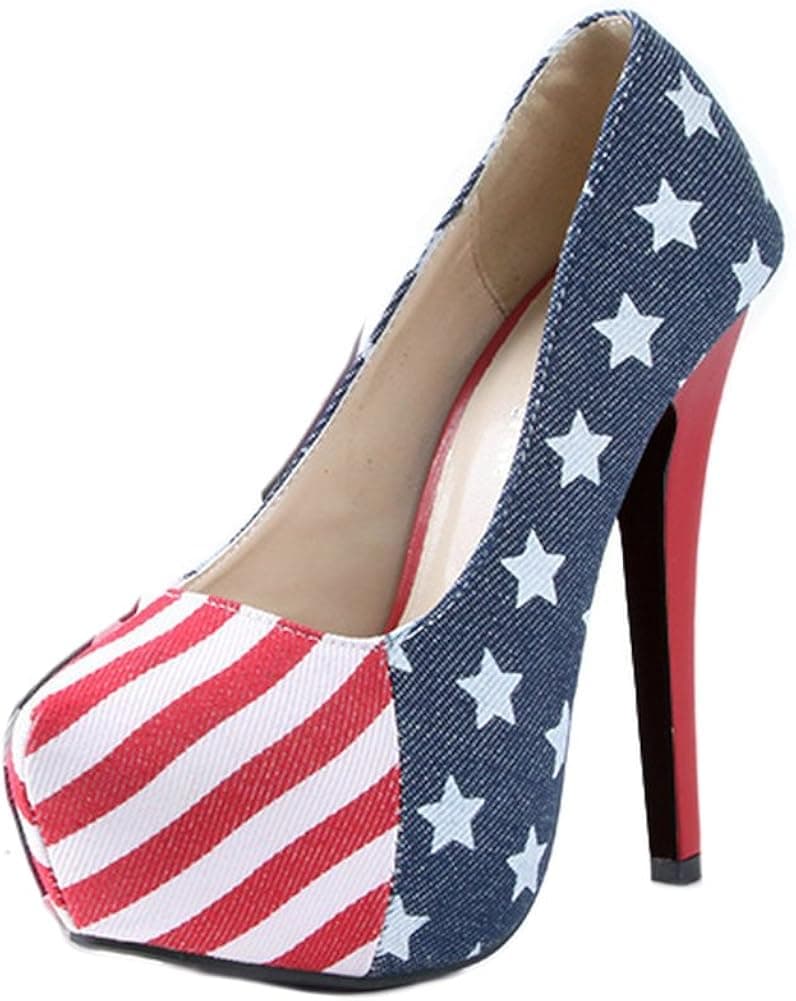 WXBUY Women's US Flag Party Stiletto Round Toe Blue Canvas Pumps 8 B(M) US